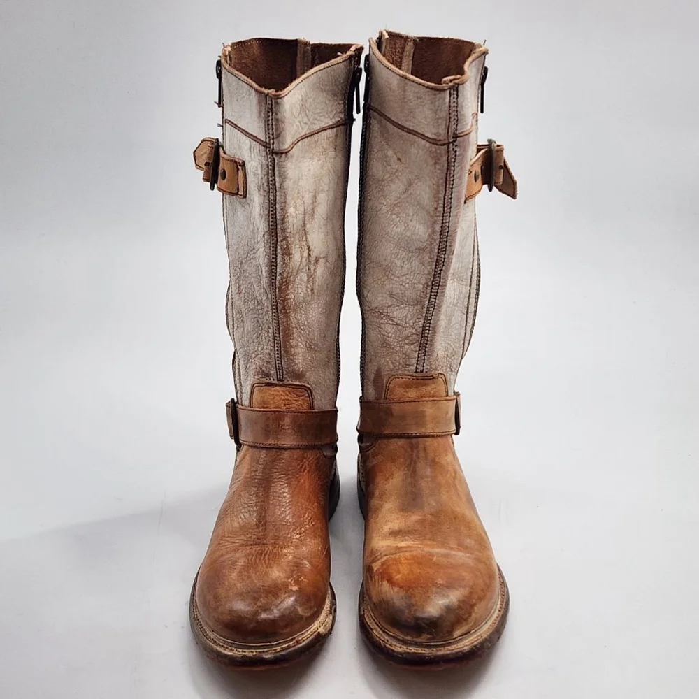 BED‎ STU NIB Gogo Distressed Leather Mid-Calf Boots 8.5 Brown White